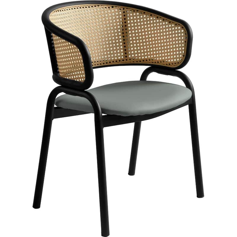 LeisureMod Modern Leather Dining Chair with Wicker Back & Black Steel Frame - Accent Side Armchair for Home Furniture - Grey