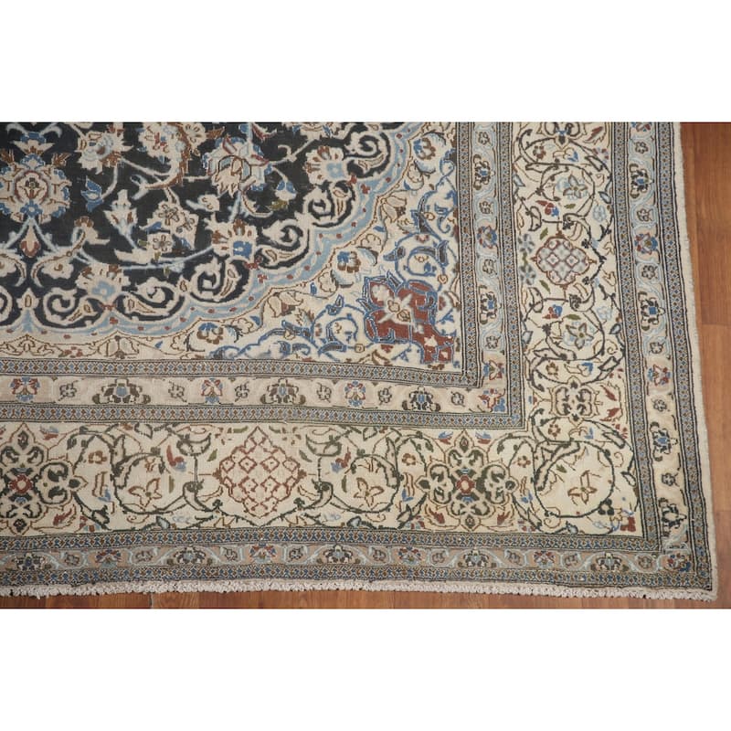 Hand Knotted Oriental 100% Wool Carpet Traditional Floral Black Nain Area Rug - 11' 9'' X 7' 11''