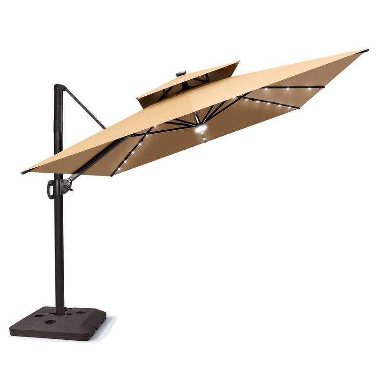9 x11 FT LED Lighted Patio Cantilever Umbrella Double Top with Weighted Base