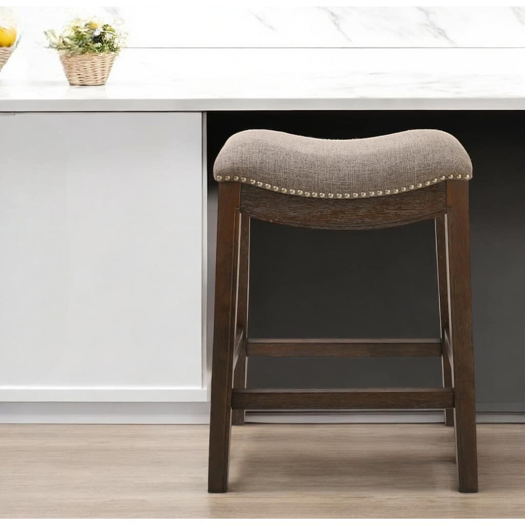 HomeRoots 26" Gray and Brown Fabric and Solid Wood Backless Counter Height Bar Chair