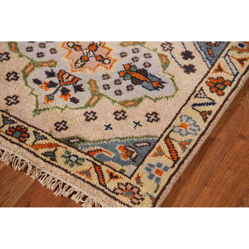 Geometric Heriz Serapi Runner Rug Hand-Knotted Beige Wool Carpet - 2'6" x 7'11"
