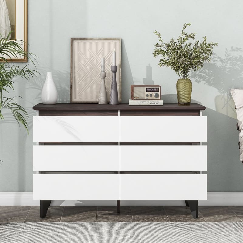 6-Drawer Wide Storage Cabinet, White & Walnut Dresser for Bedroom & Living Room