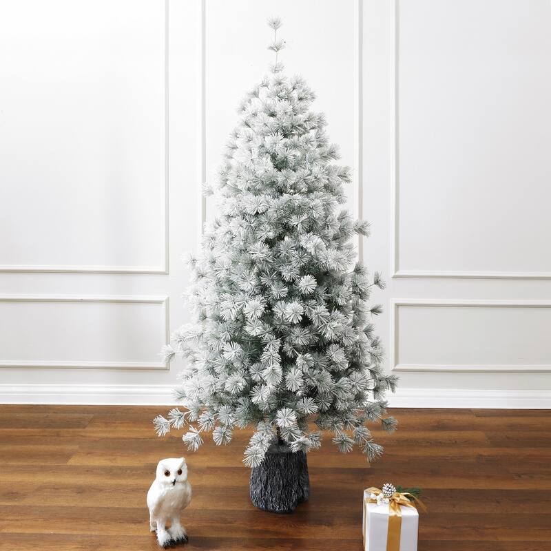 5.5Ft Snow Flocked Full Artificial Pine Needles Christmas Tree Potted - 66" H x 35.4" Diameter