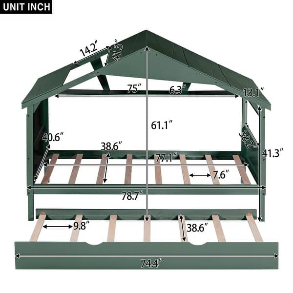 dimension image slide 3 of 6, Twin Size House Bed Wood Slats Platform Bed Creativity Kids Bed Frame with Skylight, Storage Shelf, Trundle Bed