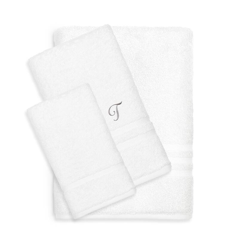 Authentic Hotel and Spa Omni Turkish Cotton Terry 3-piece White Bath Towel Set with Grey Script Monogrammed Initial - White/T