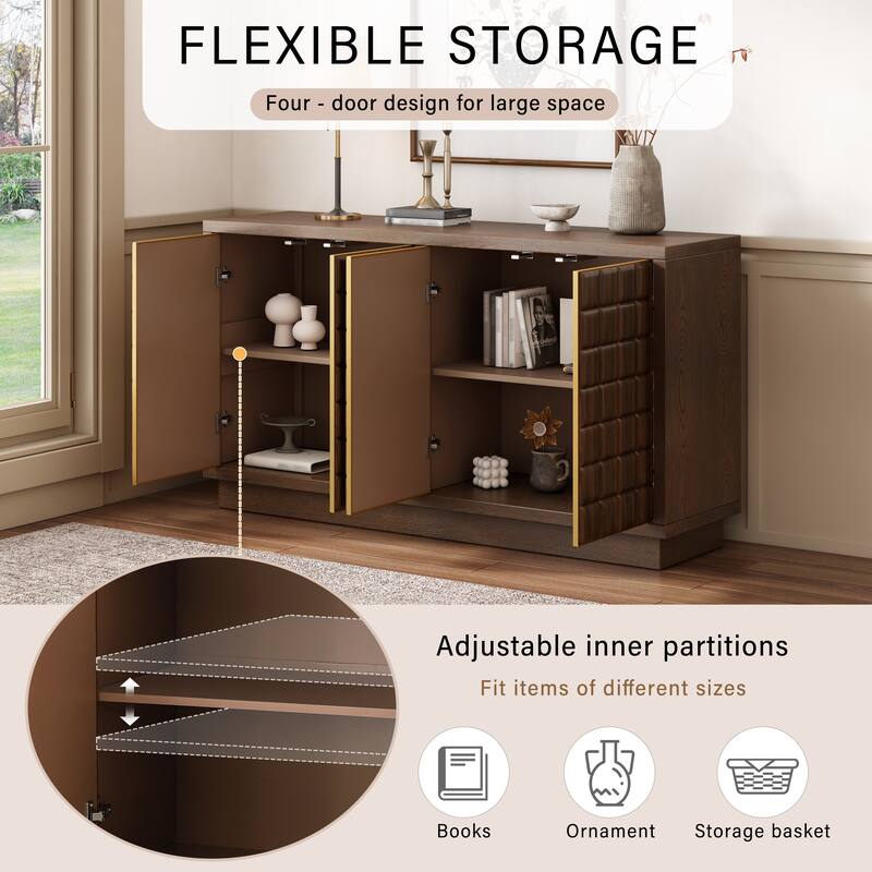 Modern 4-Door Wood Storage Cabinet with 3D Geometric Doors, Metal Trim & Adjustable Shelves for Living Room or Office