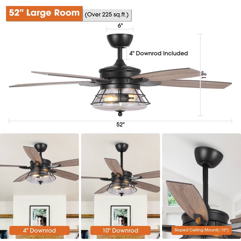 52" Industrial Seeded Glass Black Decorative Ceiling Fan with Remote and Light Kit