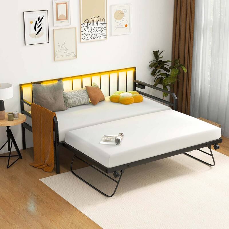 Costway Twin Size Daybed with Pop-up Trundle Charging Station & LED