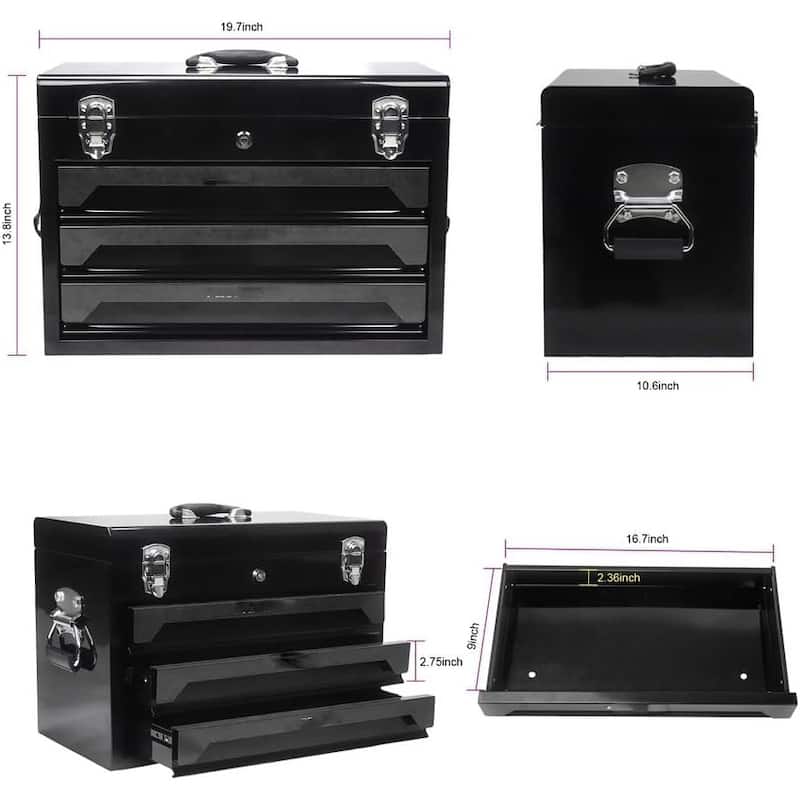 Utility Tool Box with Tool Set, 3 Drawers Metal Toolbox with Ball-Bearing Drawer Slides Safe Lockable Tool Storage Cabinet