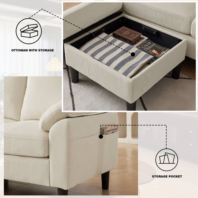 4 Pieces Corduroy Living Room Sets with Sofa, Ottoman and Loveseat