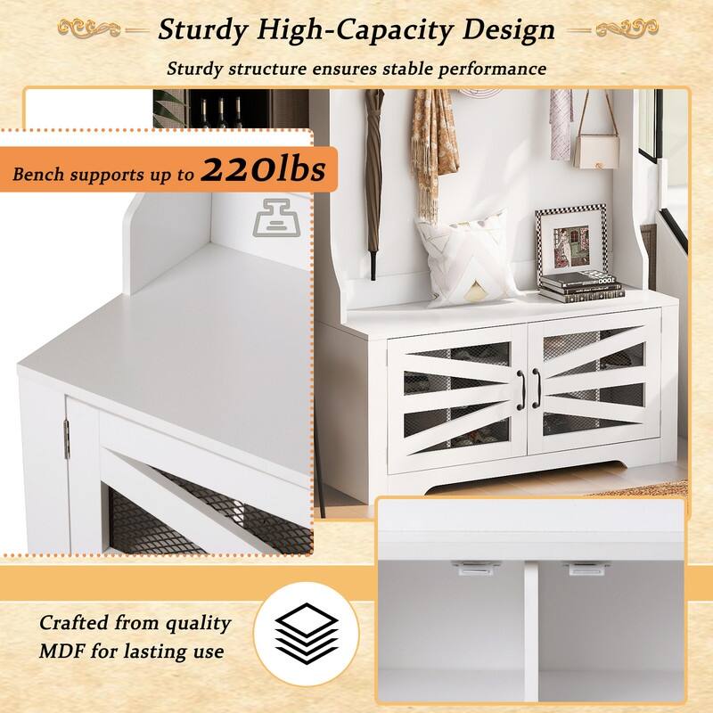 Wide Hall Tree with 10 Shoe Cubbies & 7 Coat Hooks, 43" W Coat Rack with Entryway Bench, 3-in-1 Design and Adjustable Shelves