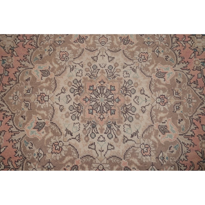 Pink Tabriz Vintage Persian Rug Hand-Knotted Traditional Wool Carpet - 6'6" x 9'11"