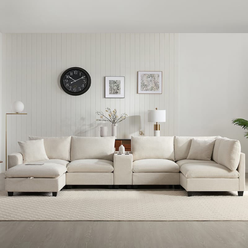U Shaped Chenille Sofa w/Ottoman,Console,Cup Holder,Wide Seat,USB - Beige