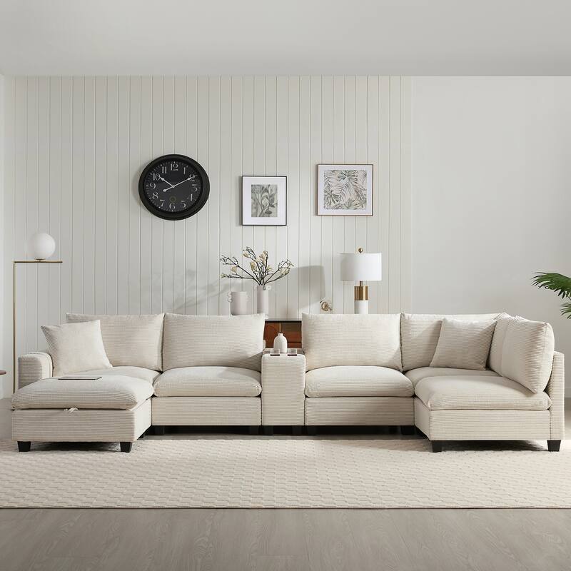 U-Shaped Chenille Upholstered Storage Sofa w/ Ottoman, Cup Holder, USB