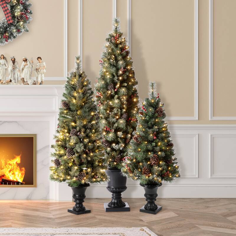 3 Piece 4ft&5ft&6ft Pre-Lit Artificial Flocked Pine Tree Christmas Holiday Party Decorations by Glitzhome