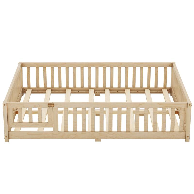 Twin/Full Size Floor Bed for Kids with Safety Guardrails and Door, Pine Wood, Low Profile Design