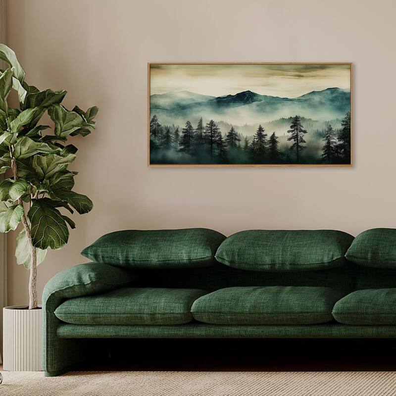 Green Foggy Forest Mountain Framed Canvas Wall Art Set