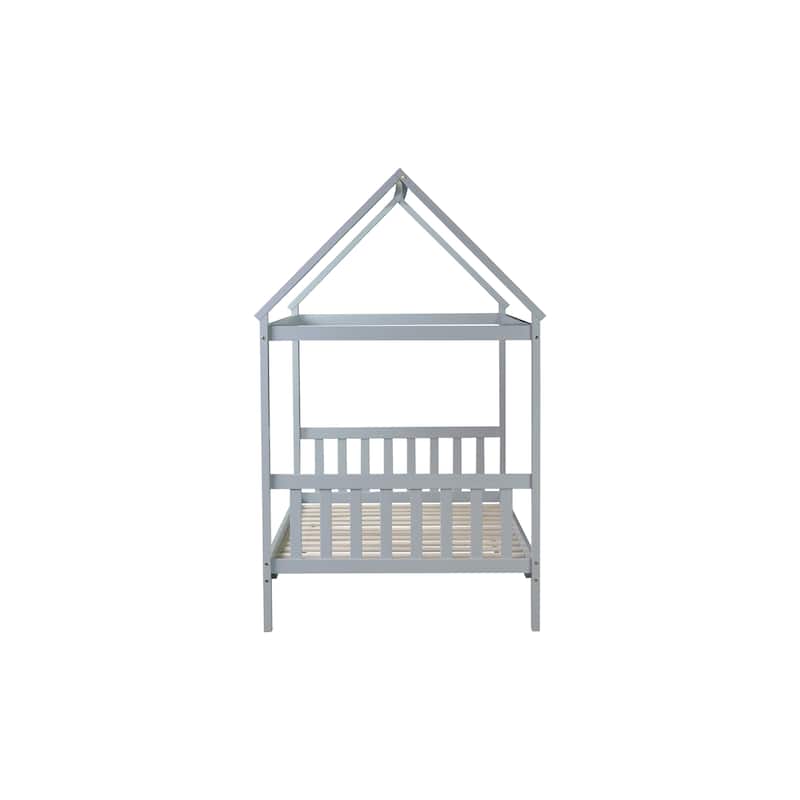 Twin House Bed with Headboard and Footboard, Twin Rubber Wood Bed with House Frame