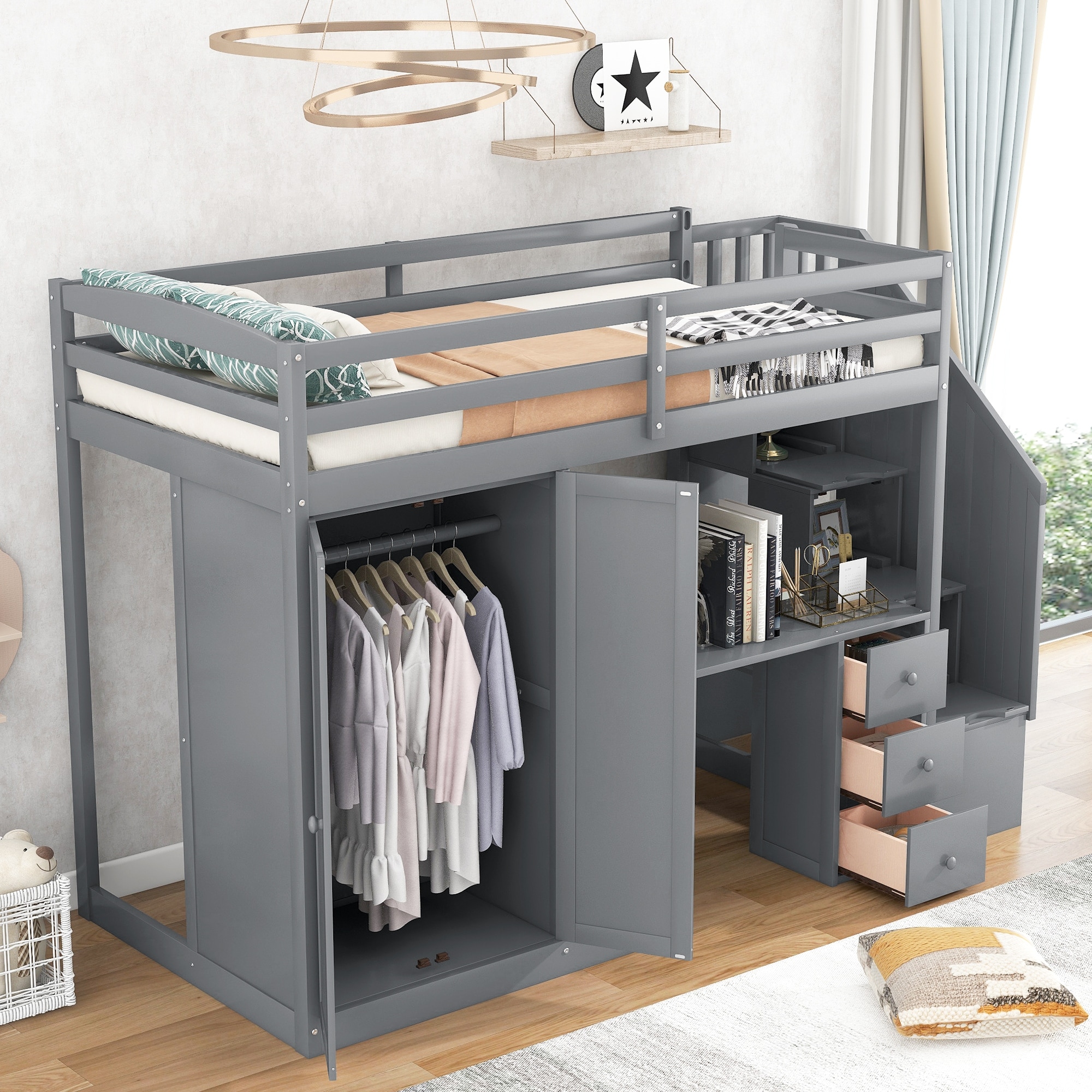 loft beds with dresser Wood Full Size Bed Built-In Wardrobe and Desk - Bed Bath & Beyond size mattress (sold separately) Jackpot Deluxe Windsor Twin Storage