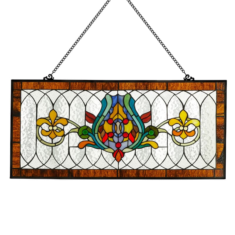 River of Goods Fleur De Lis Stained Glass Pub Window Panel - 30"L x 0.25"W x 14"H
