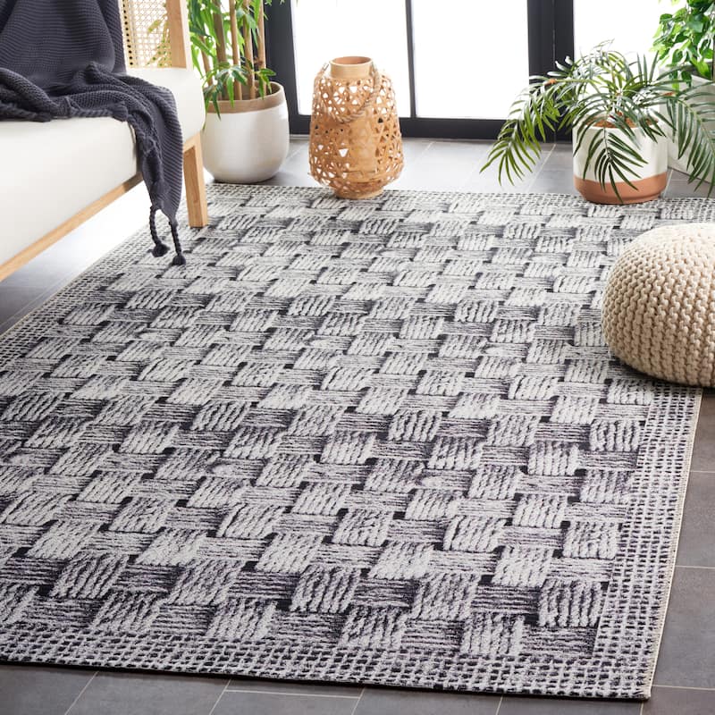 SAFAVIEH Barbados Thecla Geometric Waterproof Patio Backyard Rug - 9'10" x 12'5" - Black/Ivory
