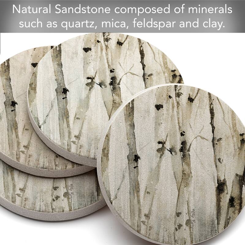 Neutral Birch Trees 4 Pack Round Natural Sandstone Coasters with Protective Cork Backing Manufactured in The USA