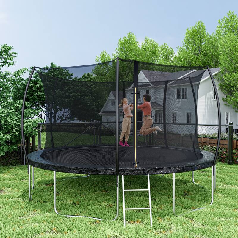 ASTM Approved Trampoline - Safety Enclosure, Ladder, Outdoor Recreational Use - Black - 166.1