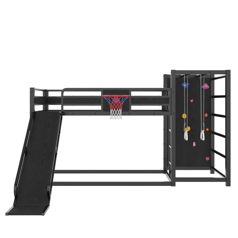 Roomfitters Metal Loft Bed with Slide and Climbing Wall, Gym Bed with Basketball Hoop, Black