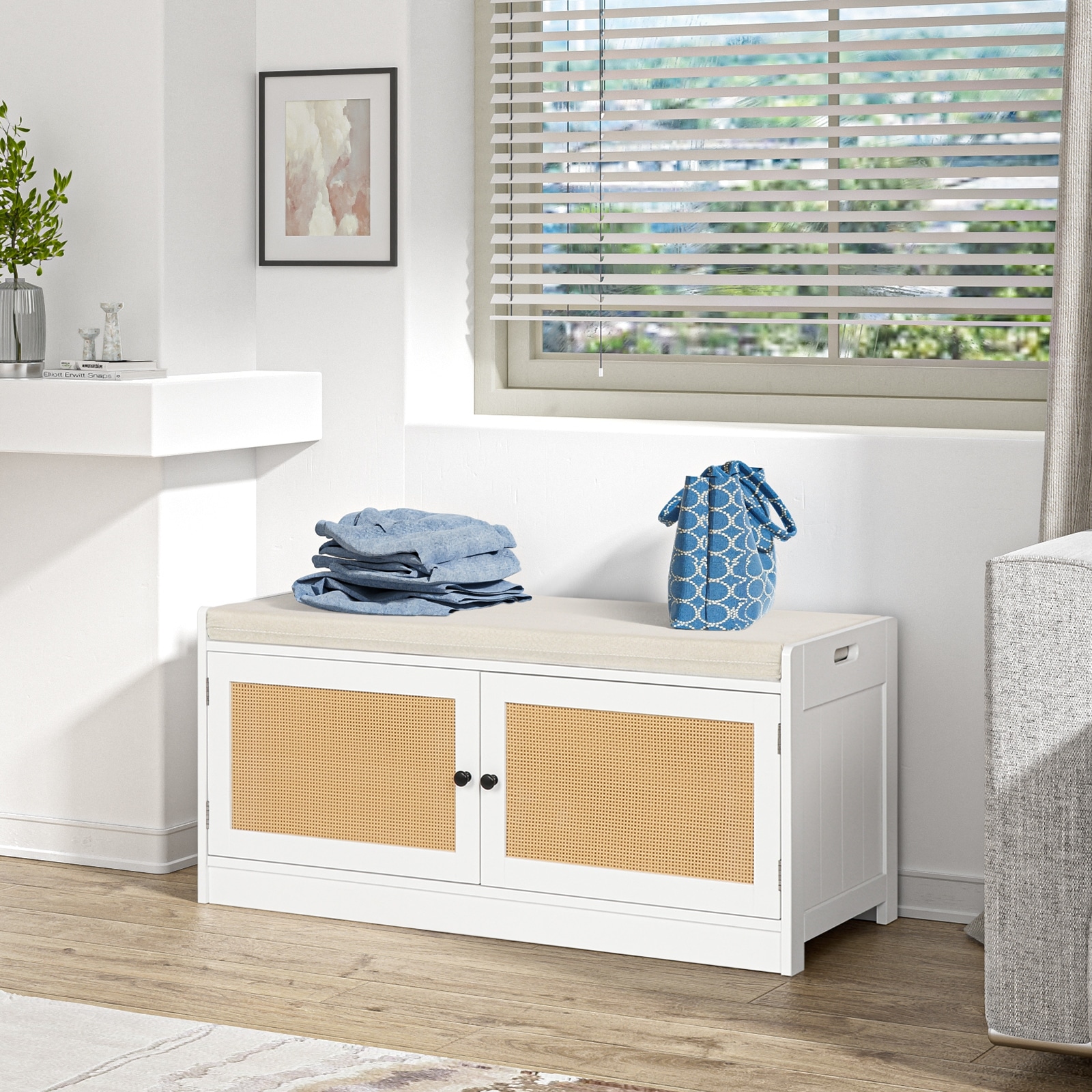 Anmytek White Shoe Storage Bench for Entryway with Cushion and Adjustable Shelves 39.8 W x 15.7 D x 18 H