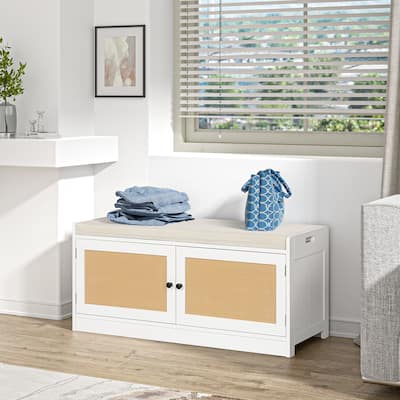 Anmytek White Shoe Storage Bench for Entryway with Cushion and Adjustable Shelves - 39.8" W x 15.7" D x 18" H