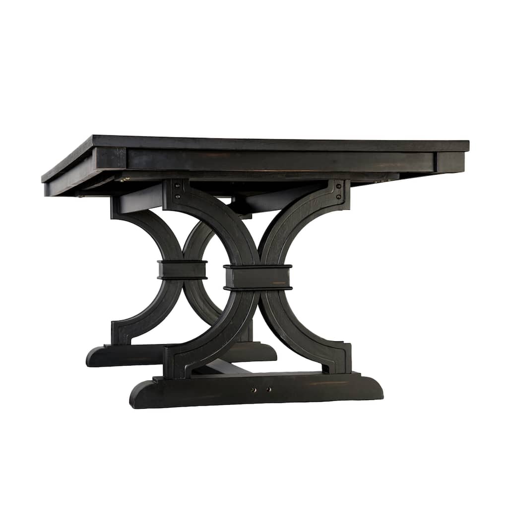 Luke Dining Table, 79 Inch Rectangular Top, Trestle Base, Black Wood