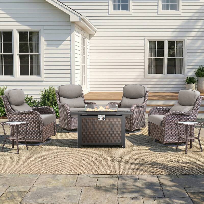 Pocassy Patio Sofa Swivel Chair Set with 43" Fire Pit Table - Brown Wicker Gray Cushion - 7-Piece Swivel Chair Table w/ Fie Pit Table