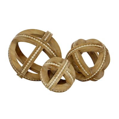 Wood Beaded or Metal Wooven Geometric Handmade Decorative Sculpture - Set of 3 Light Brown, Cream - Roche River Decor