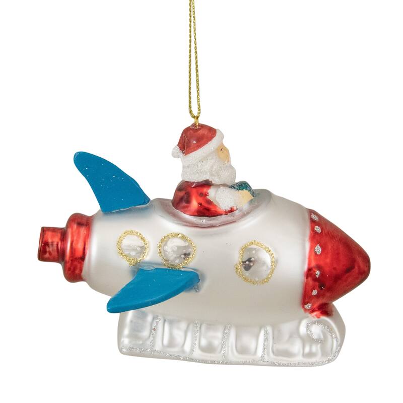Santa in a Rocket Ship Glass Christmas Ornament - 4.25" - Silver