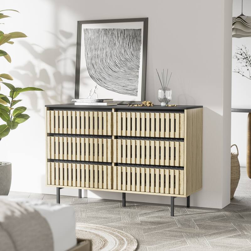 Double Dressers with 6 Drawers, Large Capacity Fluted Wood Storage Cabinet, Clothing Organizer with Metal Legs