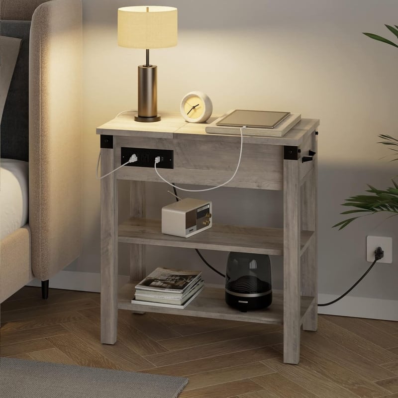 End Table with USB Ports and Outlets, Flip Top Side Table Narrow