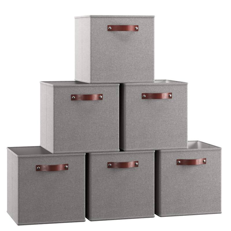 Foldable Collapsible Storage Box Bins Linen Fabric Shelf Basket Cube Organizer with Leather Handles - Set of 6