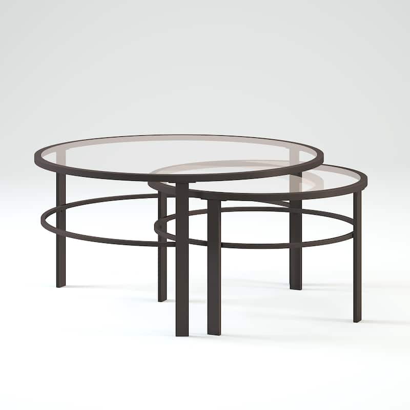 2 Piece Round Glass Nesting Coffee Table Set Clear Top and Black Steel Base for Living Room - 36"L x 36"W x 18"H