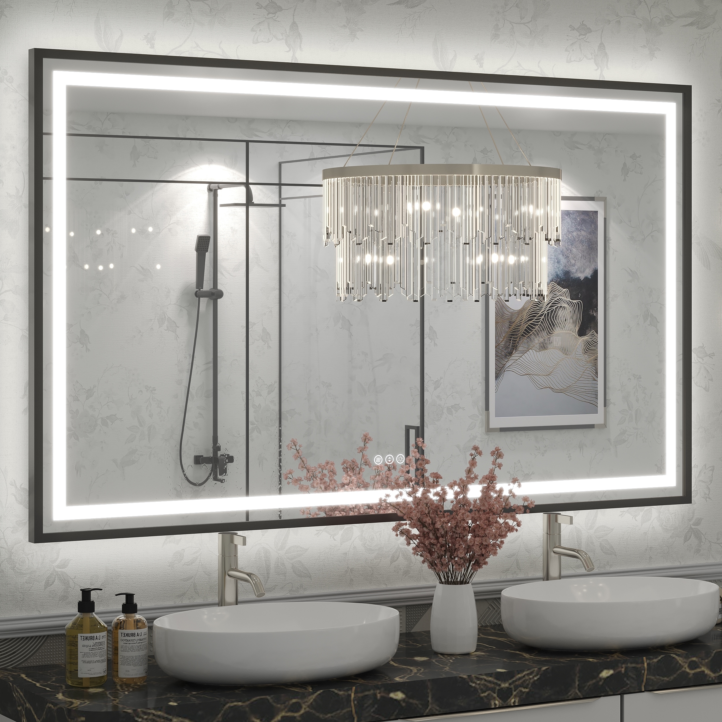 High Brightness LED Bathroom Mirror Black Frame Front & Backlit Anti-Fog UL Certified