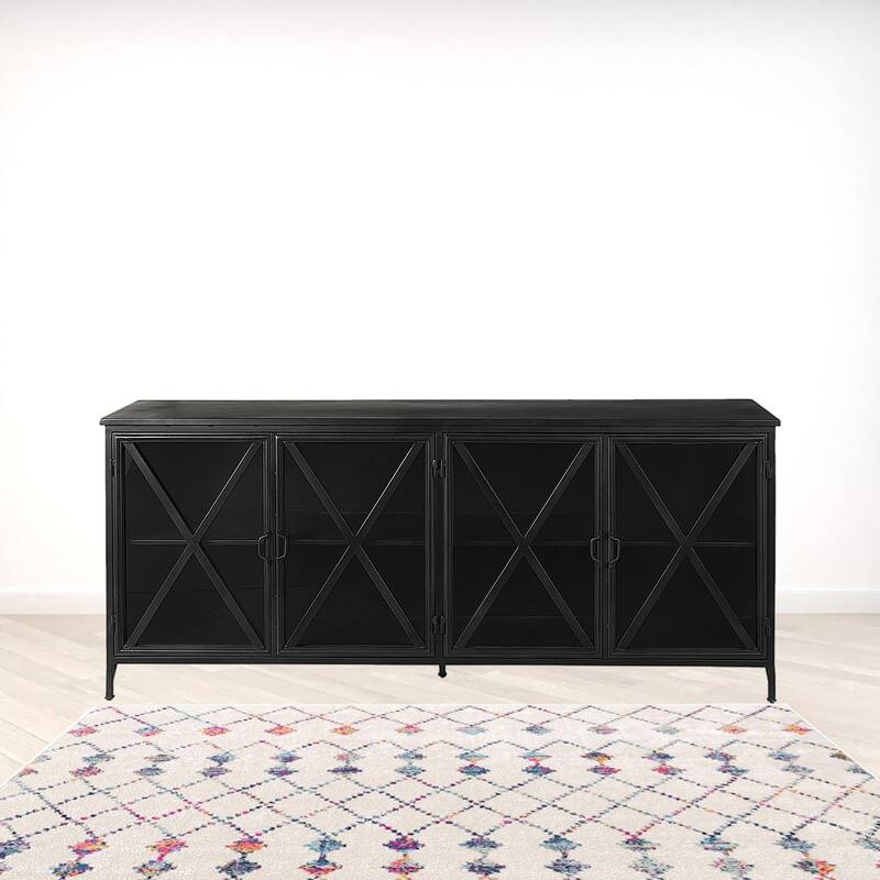 HomeRoots 79" Black Iron Sideboard with Four Glass Doors - 16' X '33' X '79 - 16' X '33' X '79