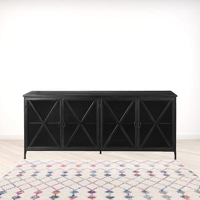 HomeRoots 79" Black Iron Sideboard with Four Glass Doors - 16' X '33' X '79