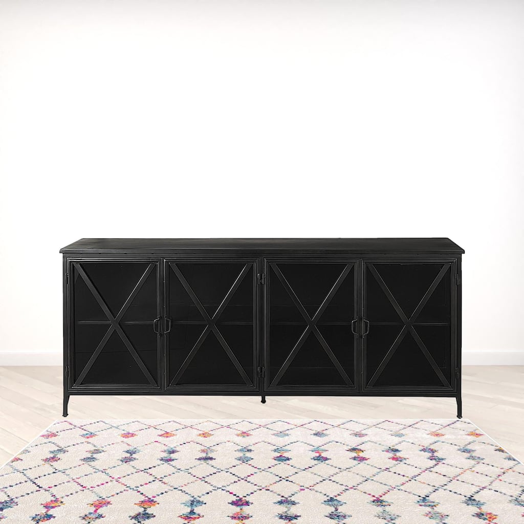 HomeRoots 79" Black Iron Sideboard with Four Glass Doors - 16' X '33' X '79