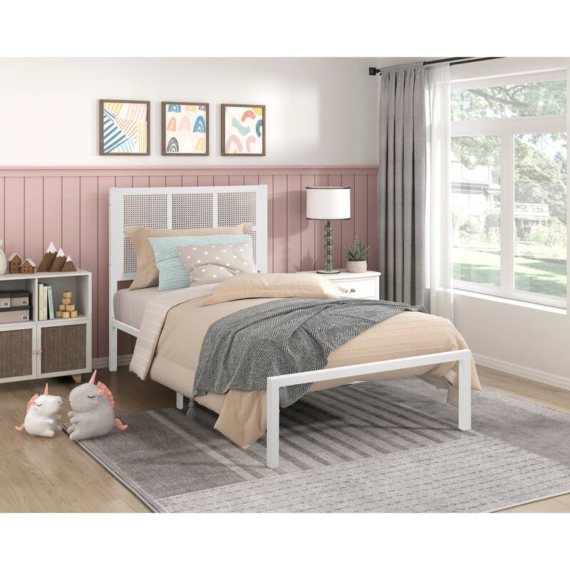 Queen/Full/King/Twin Platform Bed with Faux Cane Headboard, Metal Frame, and Coastal Design. - White - Twin