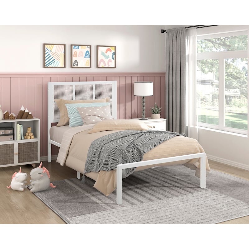 Twin Size Metal Platform Bed with Coastal Style and Bed-in-a-Box Design - White
