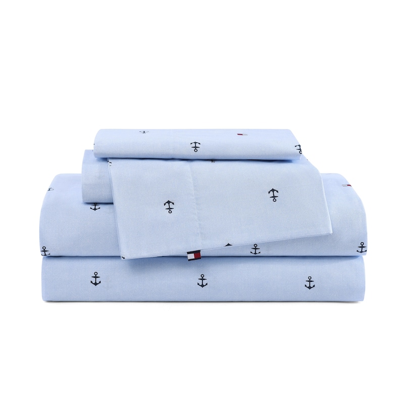 Tommy Hilfiger Printed Cotton Percale Sheet Set - Anchor And Flag Blue - King