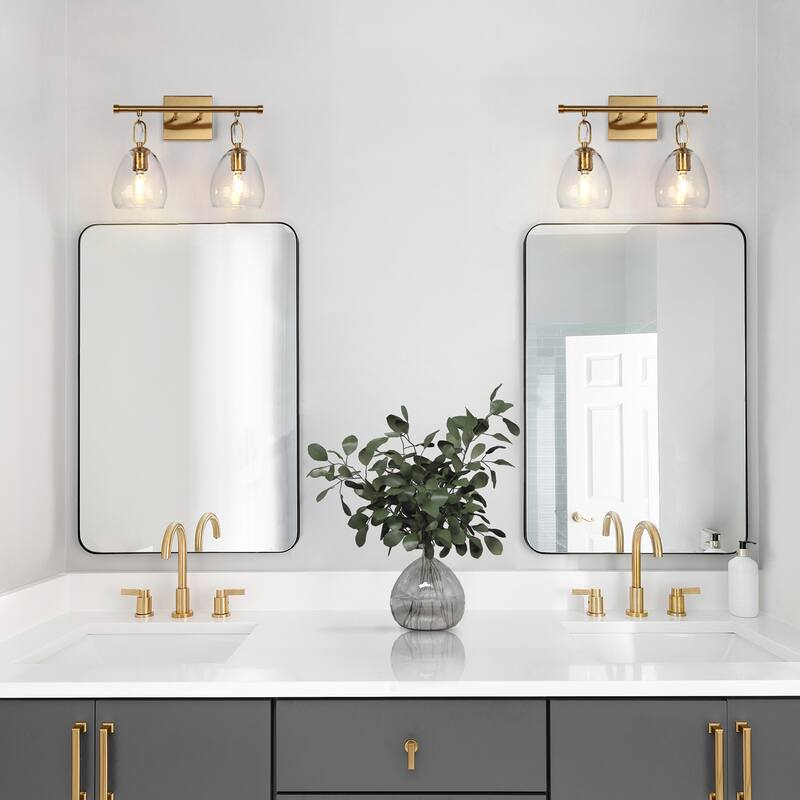 Blobfish Modern Gold 2-Light Textured Glass Wall Sconce Bathroom Vanity Light - L 13.8" x W 6.7" x H 11.2"