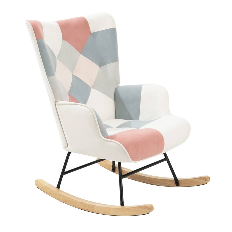 Pink 35.4" High Back Rocking Chair with Patchwork Linen