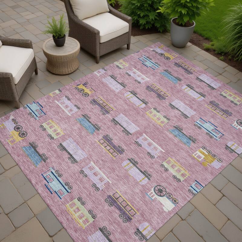 Machine Washable Indoor/ Outdoor Modern Train Chantille Rug