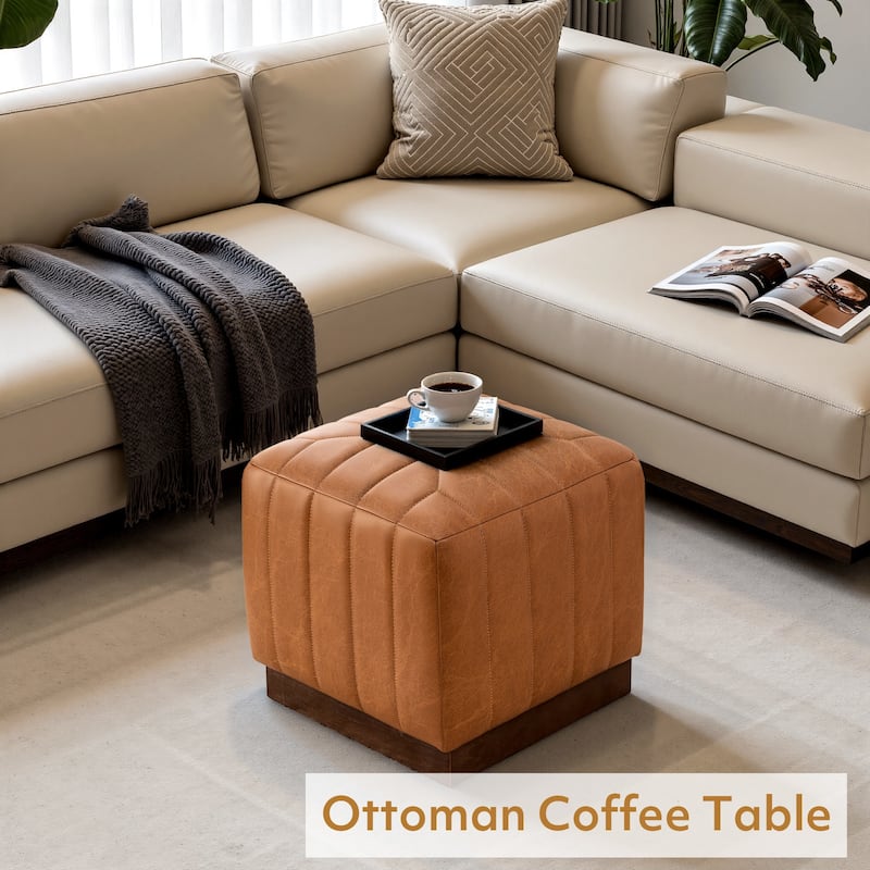 Tufted Square Ottoman Footstool Vanity Stool Sofa Side Table with Acacia Frame