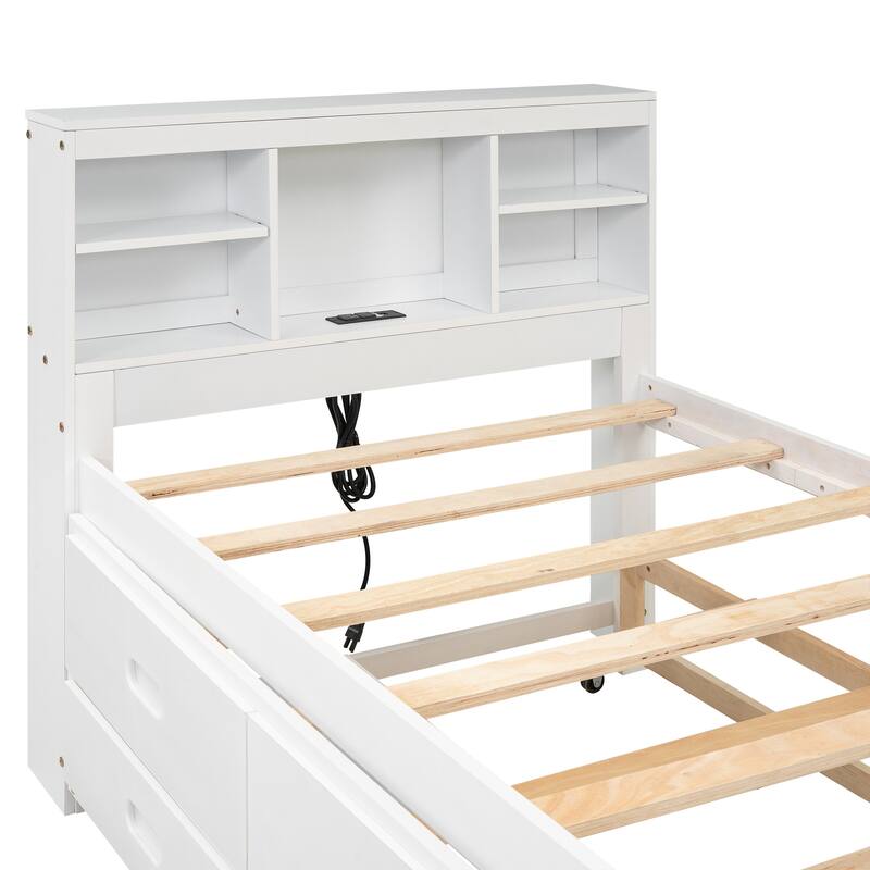 Wooden Platform Bed Frame with Storage Headboard, Trundle & USB Ports